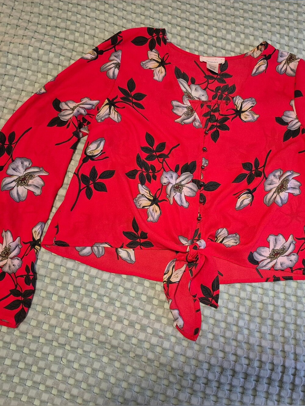 Bright Red Floral Tie-Front Blouse